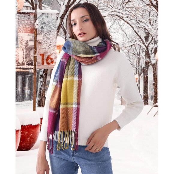 Women Colored Plaid Winter Warm Shawl Wraps Tartan Blanket Oversized Scarves - Picture 5 of 5